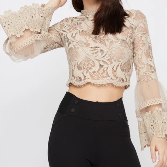 Revamped Tops - HOST PICK⭐️Elegant Nude Lace Bell Sleeve Crop Top